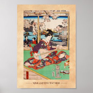 Vintage japanese ukiyo-e geisha playing Biwa art Posters
