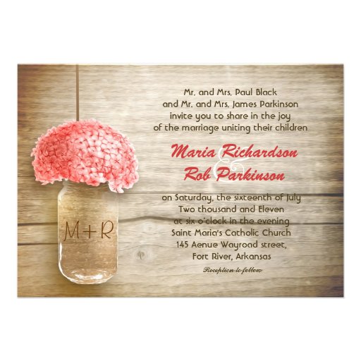 vintage jar with pink flowers wedding invitation