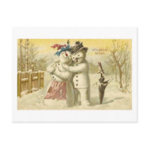 Vintage Joyeux Noel Snowman & Woman Card postcards