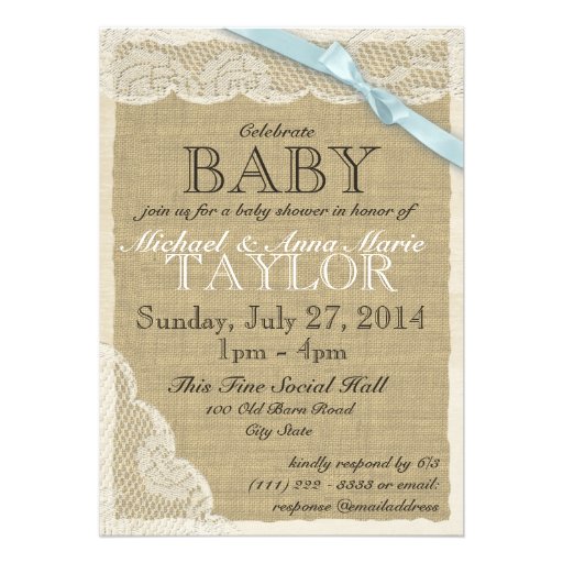 Vintage Lace and Bow Baby Shower Blue Personalized Invite