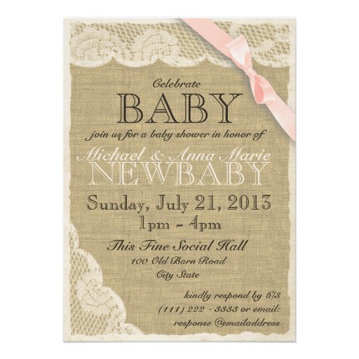 Vintage Lace and Bow Baby Shower Blush Pink Custom Invites (front side)