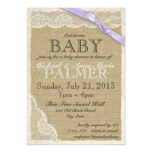 Vintage Lace and Bow Baby Shower Purple Announcements