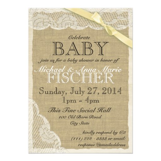 Vintage Lace and Bow Baby Shower Yellow Custom Announcement