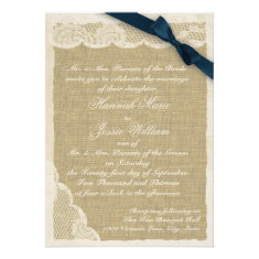 Vintage Lace and Burlap Navy Blue Ribbon Personalized Invitation
