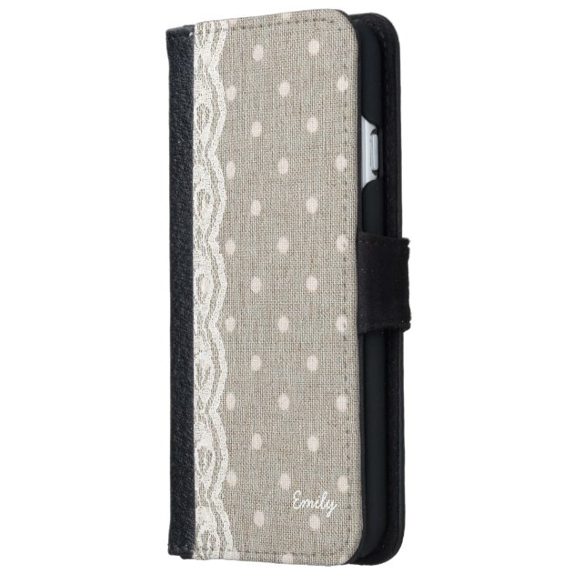 Vintage Lace & Burlap Polka Dots Custom Name iPhone 6 Wallet Case