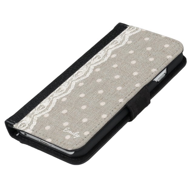 Vintage Lace & Burlap Polka Dots Custom Name iPhone 6 Wallet Case-5