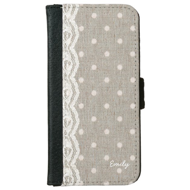 Vintage Lace & Burlap Polka Dots Custom Name iPhone 6 Wallet Case