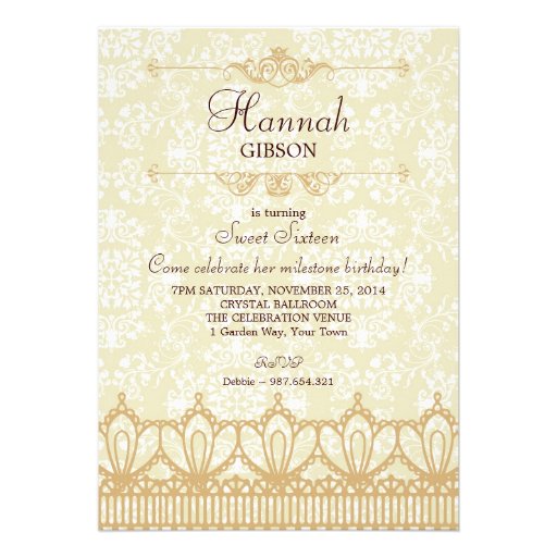 Vintage Lace & Damask Brocade Sweet 16 Invitation