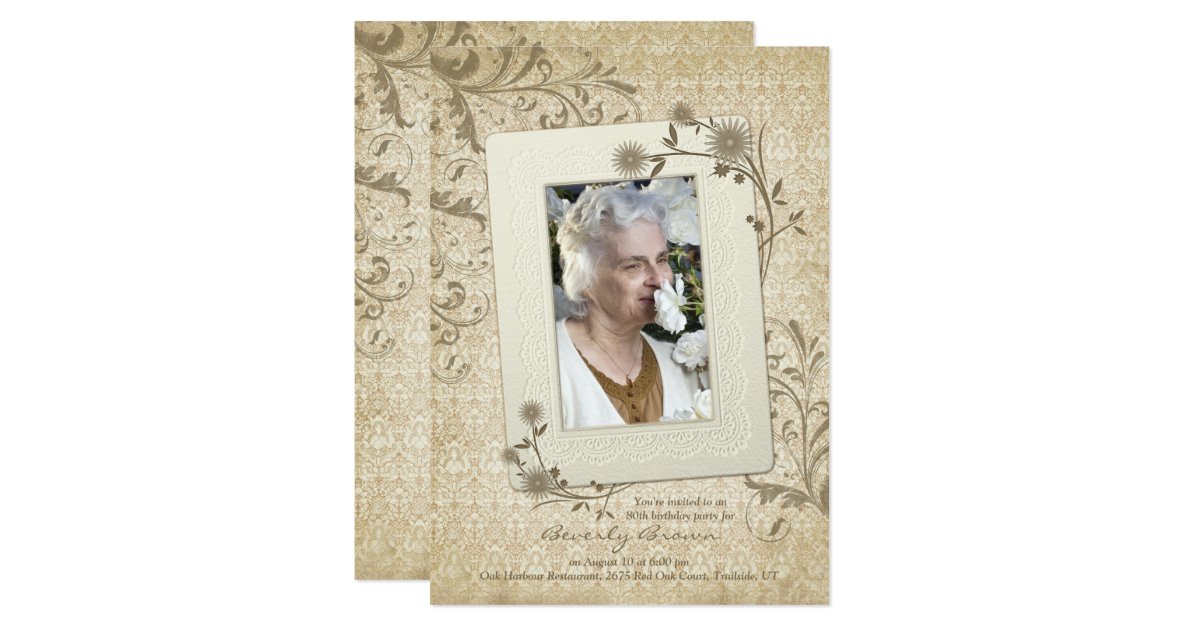 Vintage Lace Floral Photo 80th Birthday Invitation | Zazzle