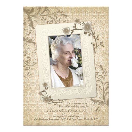 Vintage Lace Floral Photo 80th Birthday Invitation (front side)