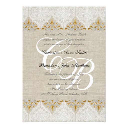 Vintage Lace Linen Gold Wedding Monogram Damask Custom Announcement