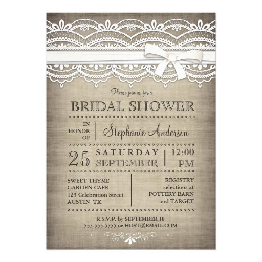 Vintage Lace & Linen Rustic Country Bridal Shower Personalized Invite (front side)