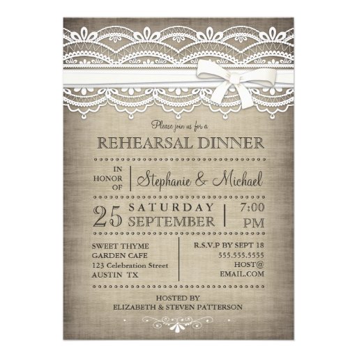 Vintage Lace & Linen Rustic Rehearsal Dinner Announcement (front side)