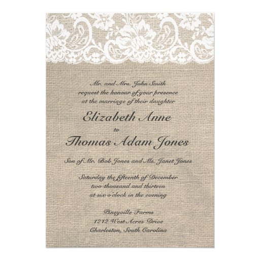 Vintage Lace Look & Burlap Look Wedding Invitation