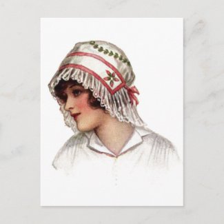 Vintage Lady in Embroidery and Lace Bonnet postcard