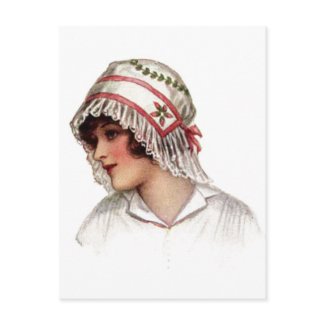 Vintage Lady in Embroidery and Lace Bonnet postcard