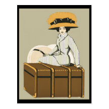 Vintage Lady on Travel Trunk Post Card