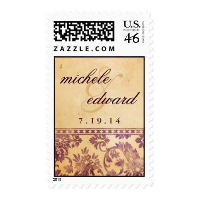 Vintage Lilac Damask Lace Wedding Logo Postage Stamps