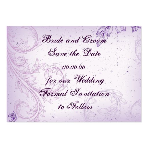 Vintage lilac purple scroll leaf Save the Date Business Card Templates (back side)