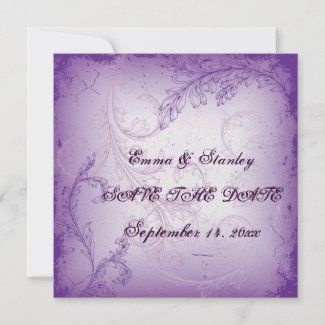 Vintage lilac purple scroll leaf Save the Date invitation