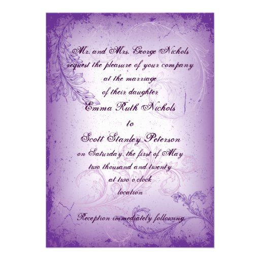 Vintage lilac purple scroll leaf wedding invite