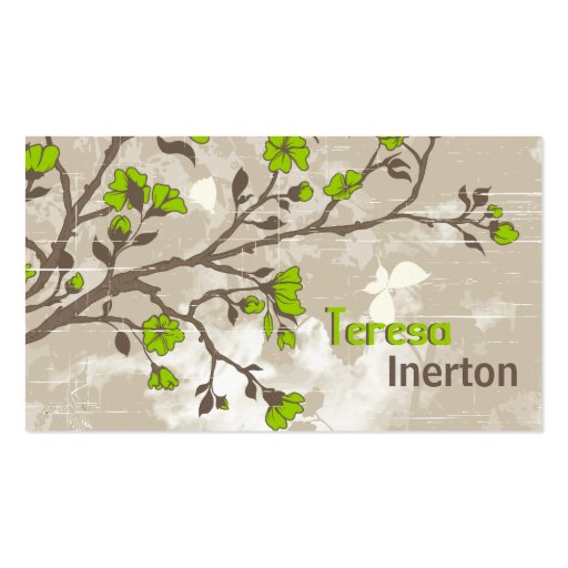 Vintage lime green flowers floral grunge taupe business card templates (front side)