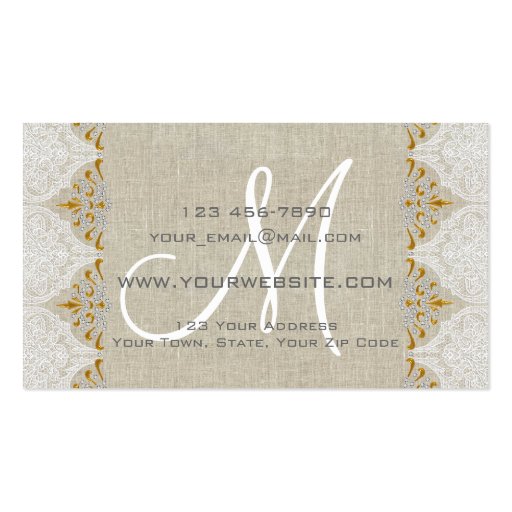Vintage Linen Lace Gold Monogram Logo Business Cards (back side)