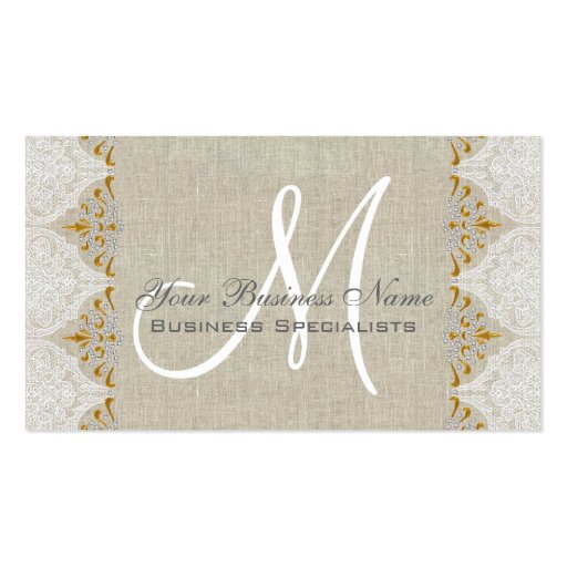 Vintage Linen Lace Gold Monogram Logo Business Cards (front side)