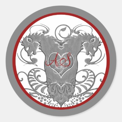 Vintage Lions with Swirls 2 Head Monogram Round Sticker