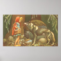 Vintage Little Red Riding Hood and Wolf in Forest Poster
