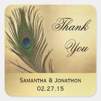 Vintage Look Peacock Feather Wedding Favor Labels Square Sticker