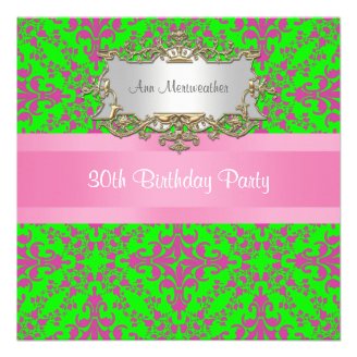 Vintage Look Pink Lime Grn Damask #3 Birthday Pty Invitations