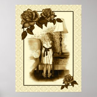Vintage Look: Sepia: Pencil Drawing of Child: Rose Print