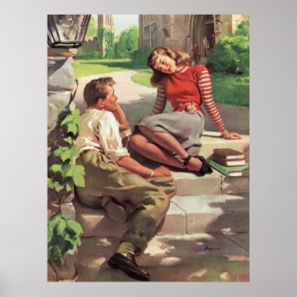 Vintage Love and Romance College Coed Students looking at each other lovingly sweet romantic poster Print