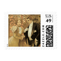 Vintage Love and Romance, Flirt by Alphonse Mucha Postage Stamp