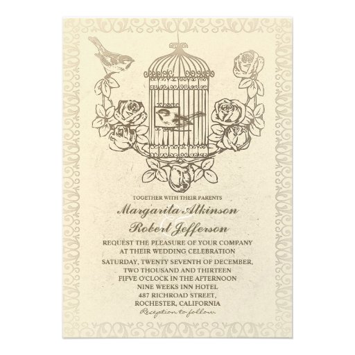 vintage love birds cage wedding invitations