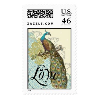 Vintage Love Birds Lagoon Peacock Weddings Stamp