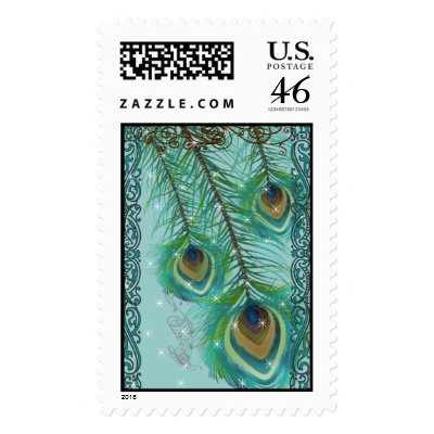 Vintage Love Birds Peacock Star Wedding Invitation Postage