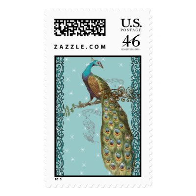 Vintage Love Birds Peacock Star Wedding Invitation Stamp