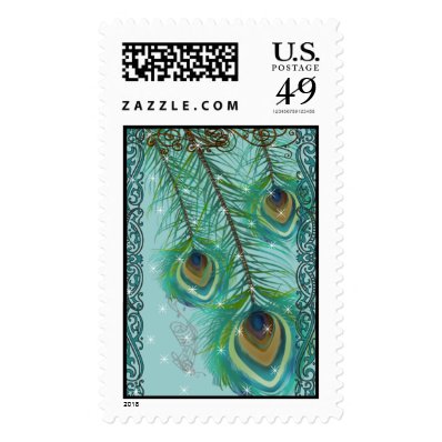 Vintage Love Birds Peacock Star Wedding Invitation Stamp