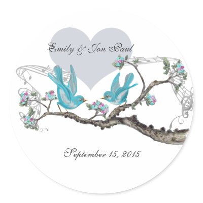 Vintage Love Hot Pink Aqua Birds Wedding Stickers