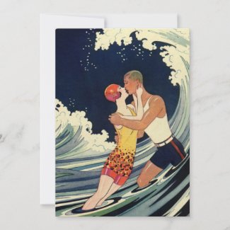 Vintage Love in the Surf; Romantic Kiss by Beach Personalized Invitation