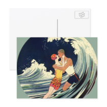 Vintage Love in the Surf; Romantic Kiss Postcard