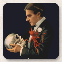 Vintage Magician Thurston holding a Human Skull Beverage Coasters