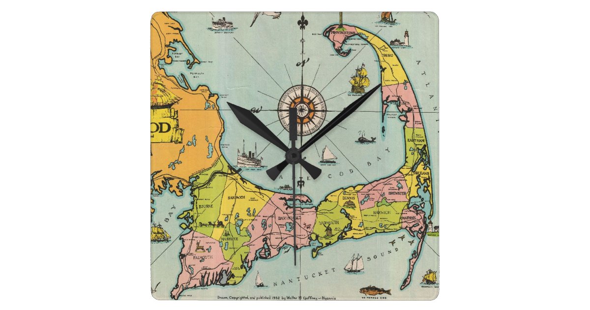 Vintage Map of Cape Cod Square Wall Clock Zazzle