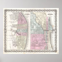Vintage Map of Chicago and St. Louis (1855) Print