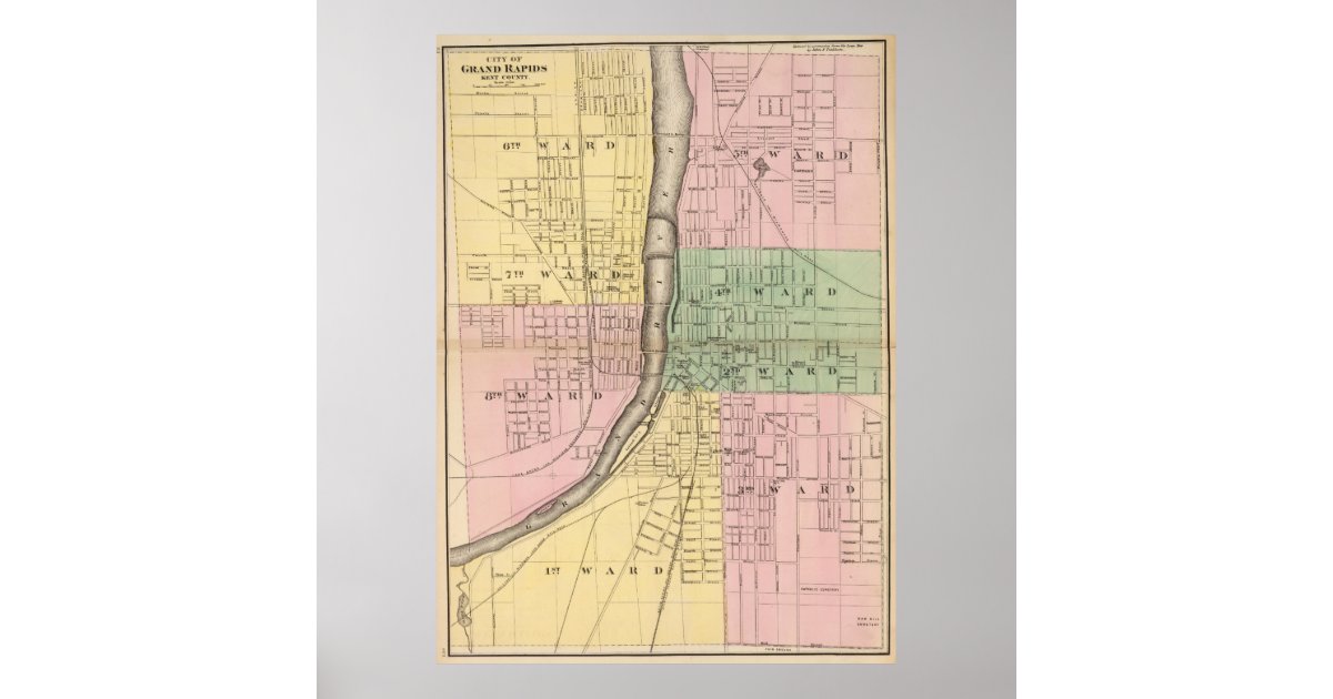 Vintage Map of Grand Rapids Michigan (1873) Poster Zazzle
