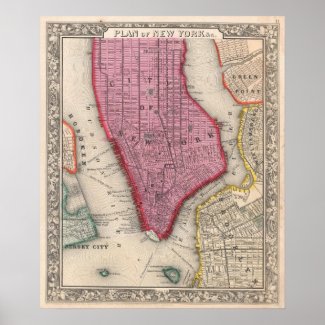 Vintage Map of Lower New York City (1860) Print