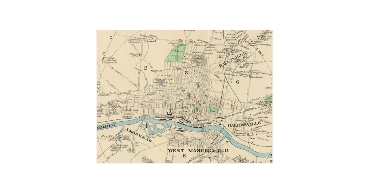 Vintage Map of Manchester NH (1892) Postcard | Zazzle