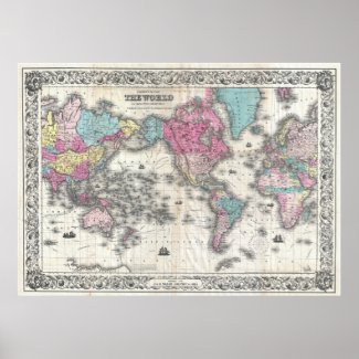 Vintage Map of The World (1852) Poster